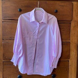 Boutique button up pink striped top with pockets. NWOT.